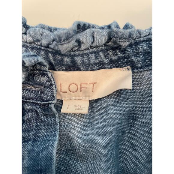 LOFT Button Front Denim Blouse Size L 100% Cotton Ruffle Detail Blue - Picture 3 of 5